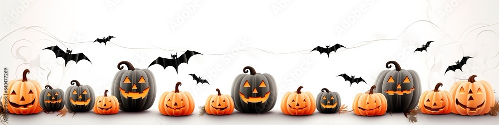 Cartoon 3D style Halloween panoramic banner of jack o lanterns and bats over white background