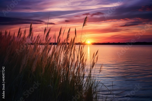 Epic sunset view by a lake next to tall reeds