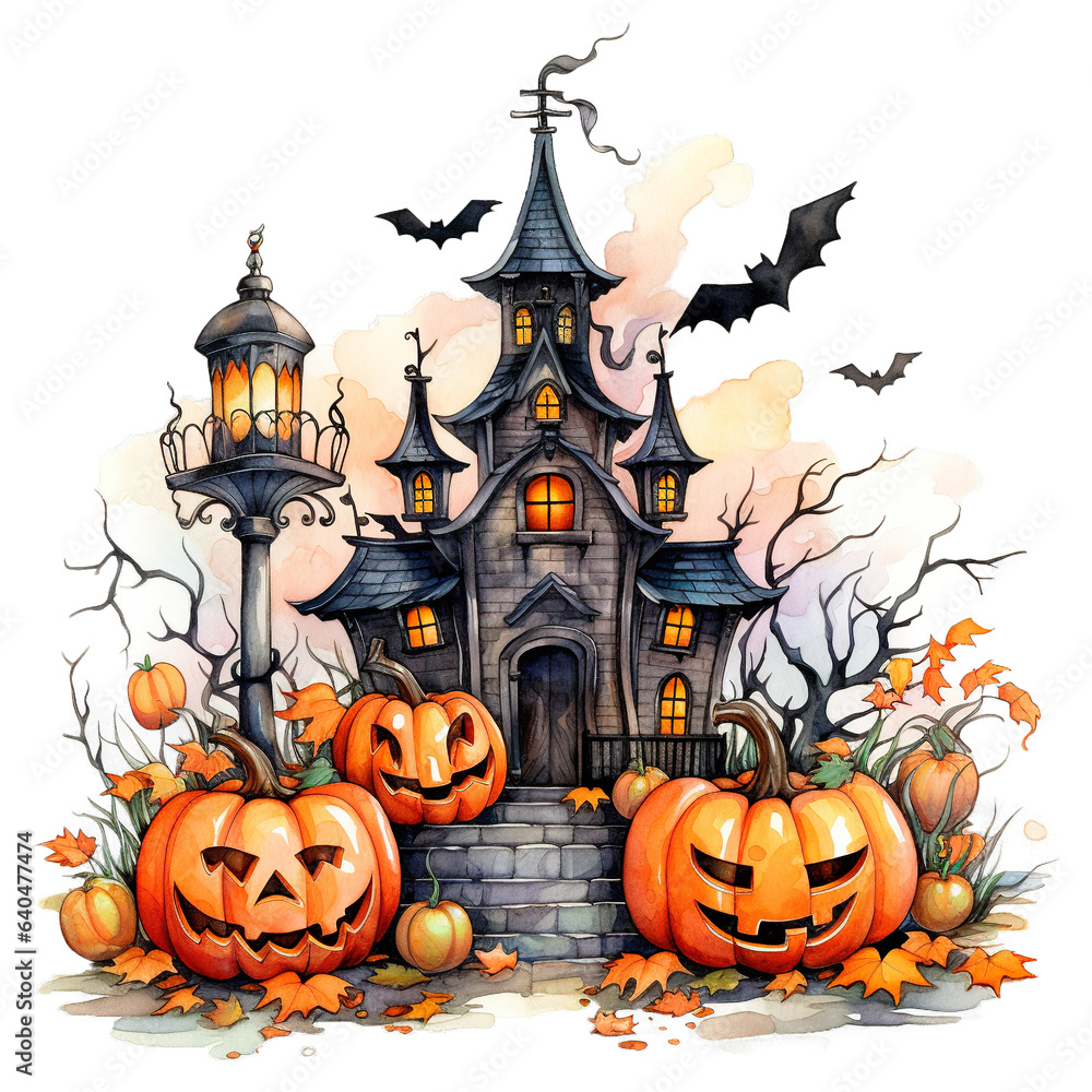 Illustration of detailed watercolor haunted house with jack o lantern. Halloween concept over isolated transparent background
