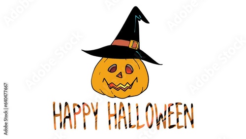 ジャックオランタンと頭上を飛ぶ蝙蝠（白背景）
