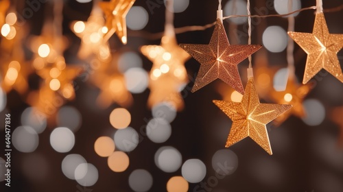Christmas shining star hang on a garland. Background bright blurred lights bokeh light. Merry Christmas and Happy New Year. Festive bright beautiful background.