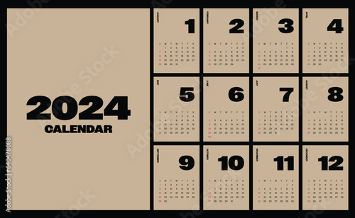 Set of 2024 printable calendar divide by month template design minimal style, week starts on Sunday