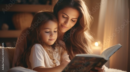 Happy mother and her kid are reading for relax at home.