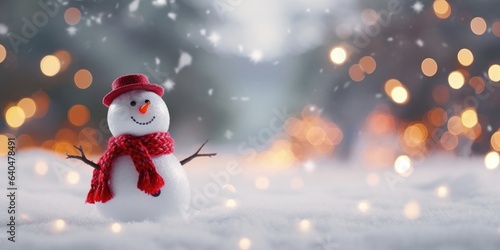 Happy winter snowman in a red hat. Merry Christmas and Happy New Year. Festive bright beautiful background. © megavectors