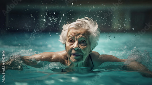 Healthy senior woman swimming in the pool. Happy pensioner enjoying sportive lifestyle. Active retirement concept.