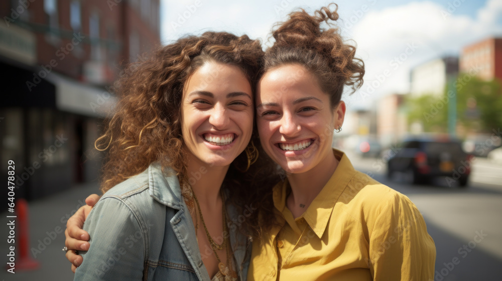 Fashionable and beautiful female twins posing near stylish restaurant outdoors. Two women wearing stylish looks, smiling at camera.