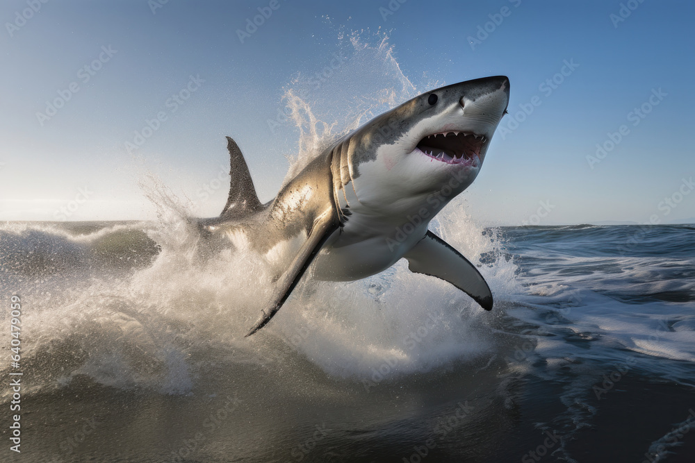 Naklejka premium A shark jumping out of the water creates a powerful image of carnivore hunting its prey. This marine shot in sepia tone is perfect for wildlife and conservation themes. AI Generative.
