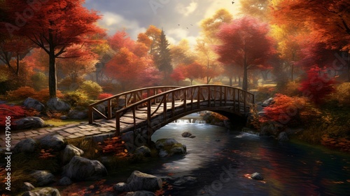 An old wooden bridge spanning across a tranquil river
