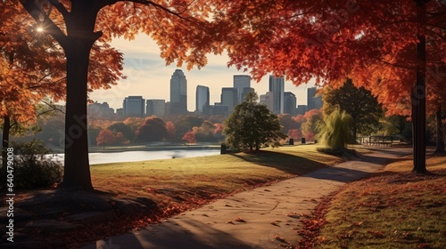 An urban park with city skyscrapers in the distance