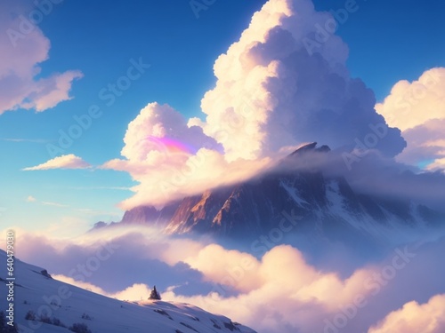 anime style landscape of starry sky with mountains, lake and clouds