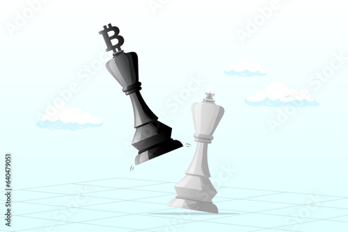 Winning black Bitcoin king chess defeat traditional white one, winning Bitcoin trading strategy, make profit from crypto currency or decentralized finance defeat traditional banking (Vector)