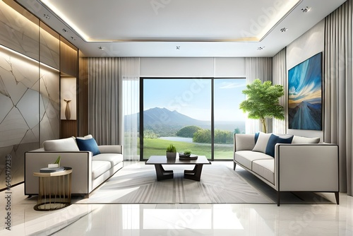Modern style luxury white living room with garden view 3d render There are gray marble tile wall and floor decorate with glass chandelier overlooking nature view background.