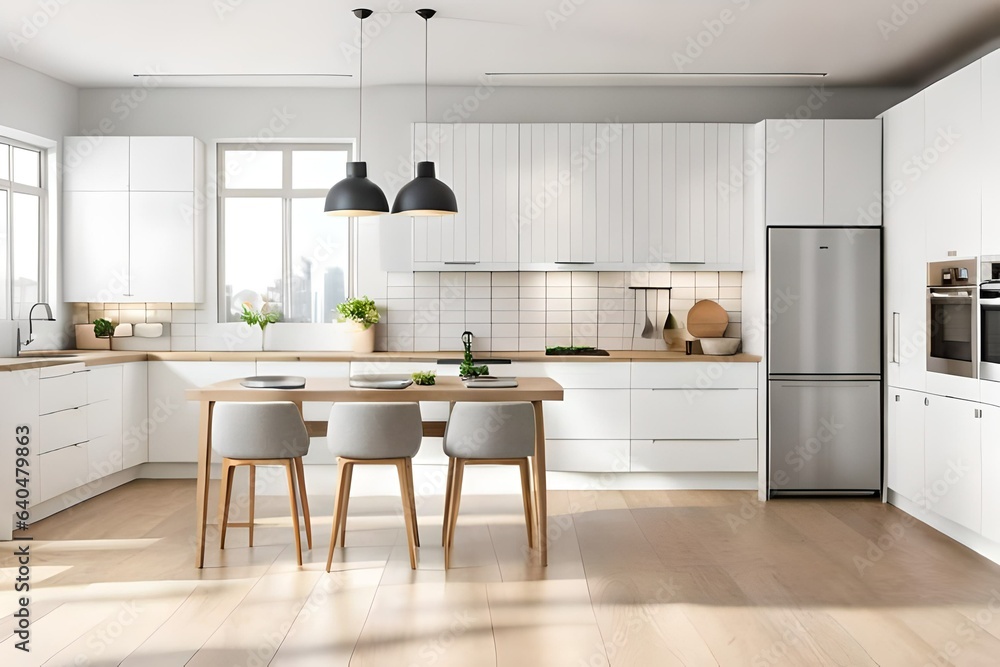 Minimal light scandinavian kitchen interior. White furniture with utensils, shelves with crockery and plants in pots, small refrigerator near window, panorama, empty space. 3d rendering.