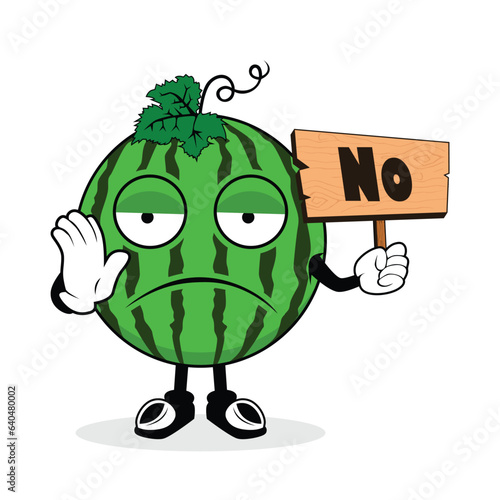 Watermelon Cartoon Mascot holding up a wood sign with word NO