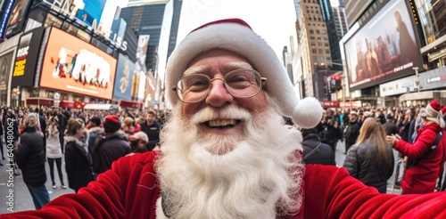 wide angle selfie picture taken with a pocket camera of santa claus looking at the camera in times square