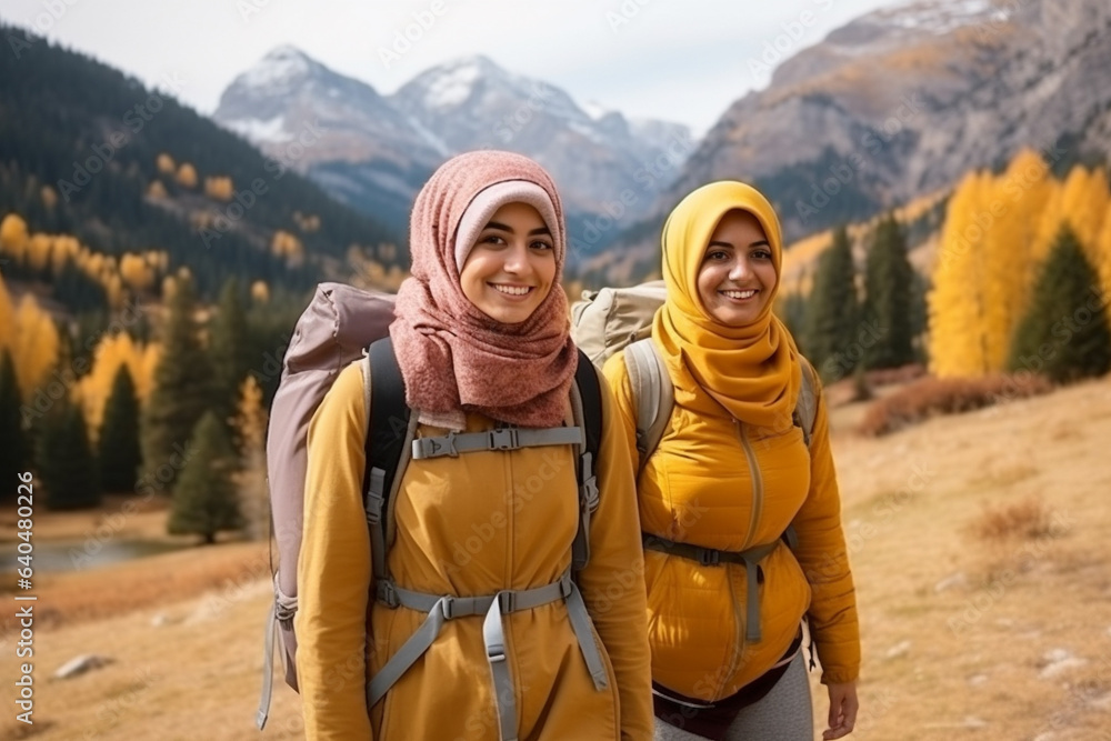 Muslim girls enjoying a hike in the great outdoors. 