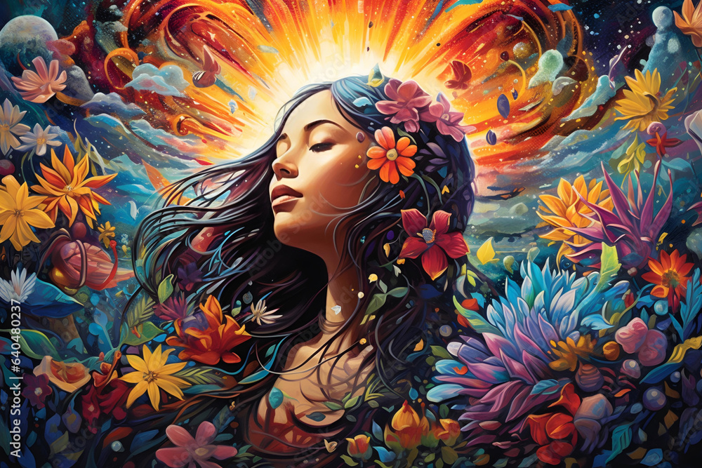 woman and flowers. a futuristic garden where flowers representing