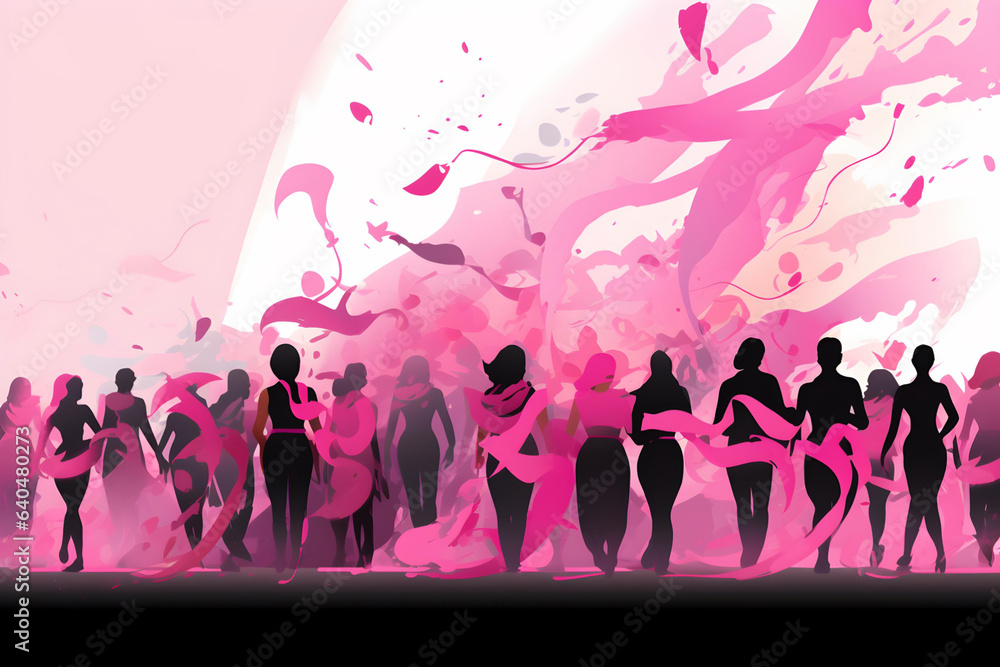 a diverse group of people coming together to support breast cancer awareness. colors that symbolize strength, hope, and unity, and incorporate the iconic pink ribbon in a creative way. vector art.