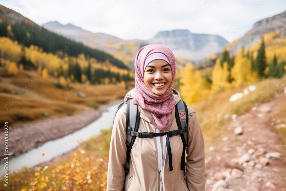 Muslim girl enjoying a hike in the great outdoors. 