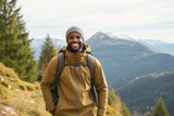 Happy black male hiking in nature. 