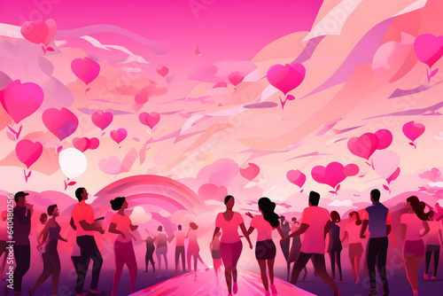 a diverse group of people coming together to support breast cancer awareness. colors that symbolize strength, hope, and unity, and incorporate the iconic pink ribbon in a creative way. vector art.