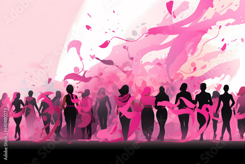 a diverse group of people coming together to support breast cancer awareness. colors that symbolize strength, hope, and unity, and incorporate the iconic pink ribbon in a creative way. vector art.