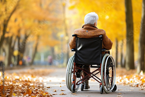 Elderly female in a wheelchair enjoying a city park. © Jeff Whyte