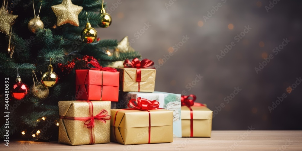 Christmas gifts boxes under the tree. Merry Christmas and Happy New Year. Festive bright beautiful background.