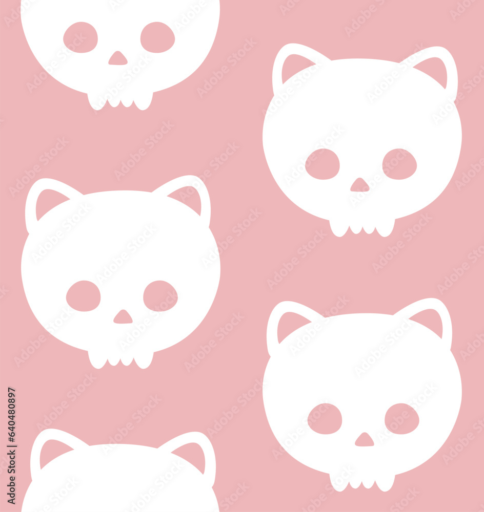 Vector seamless pattern of hand drawn flat cute cat skull silhouette isolated on pink background Vector seamless pattern of hand drawn flat cute cat skull silhouette isolated on pink background