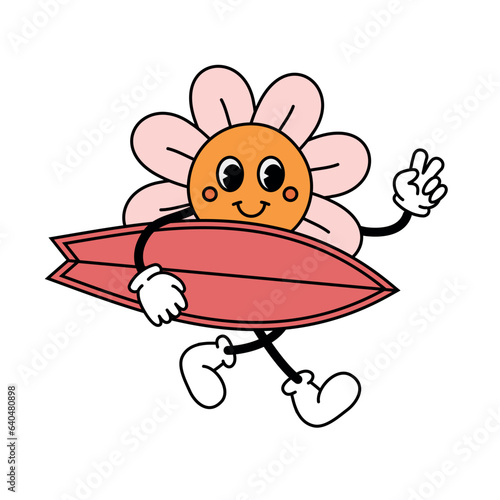 Vector retro groovy cartoon flower with surf board isolated on white background