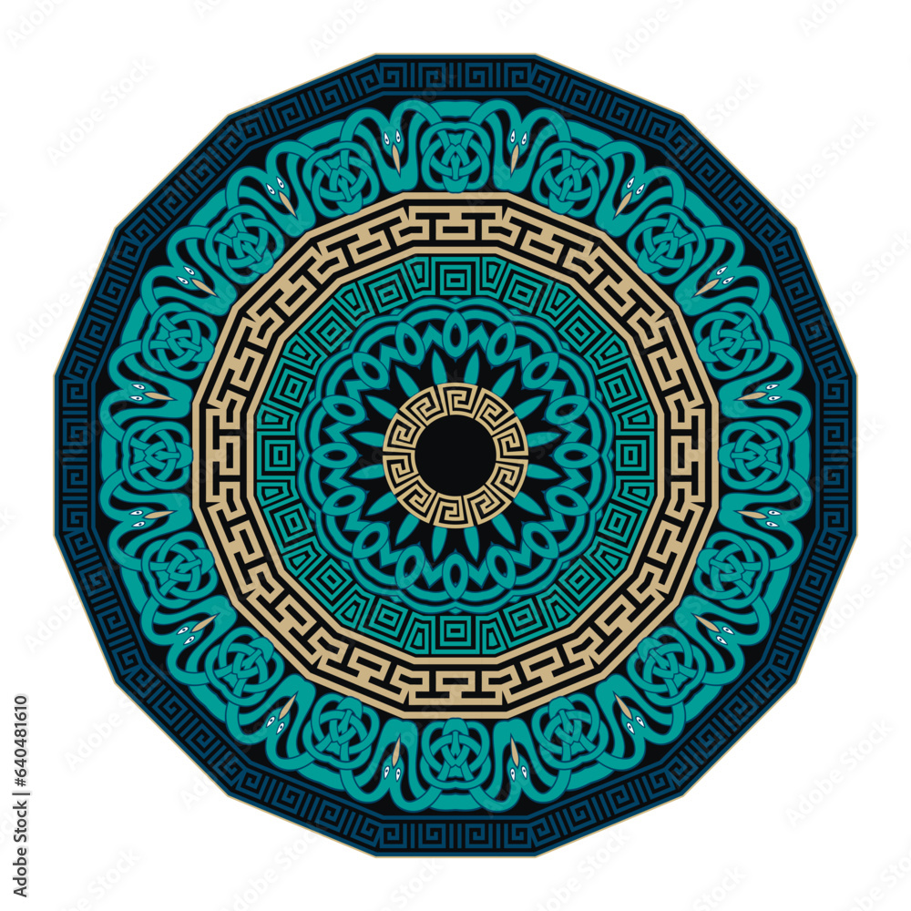 Celtic greek style round mandala pattern with circle frames. Colorful ornamental celtic knots vector background. Traditional isolated mandala ornaments on white. Greek meanders frames, borders, tile