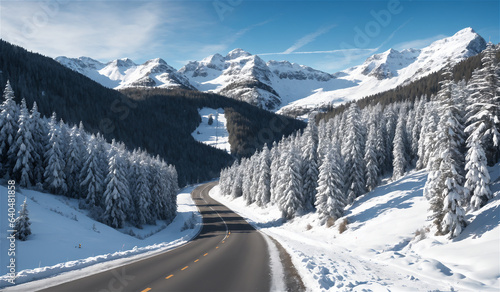 Snow covered car road, snow mountain, white tree, live-action ai photo. Generative AI.