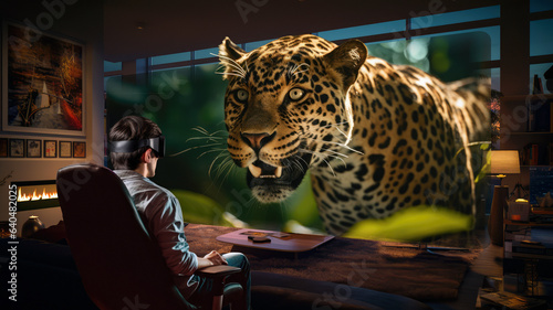 Man watching a 3D movie of a leopard at home with AR/VR goggles