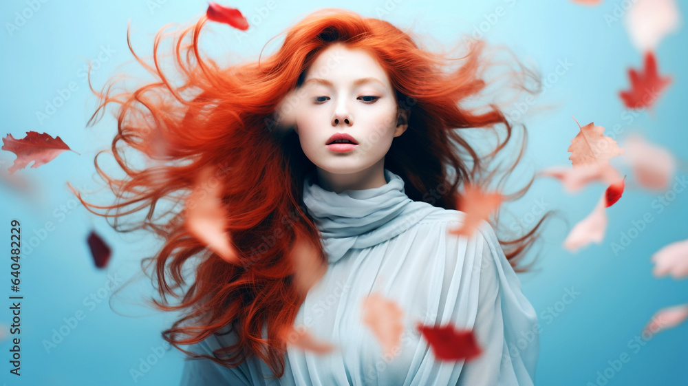 Fototapeta premium Beautiful long red hair woman with autumn leaves