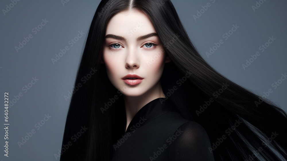 Haircare theme with woman with long black hair