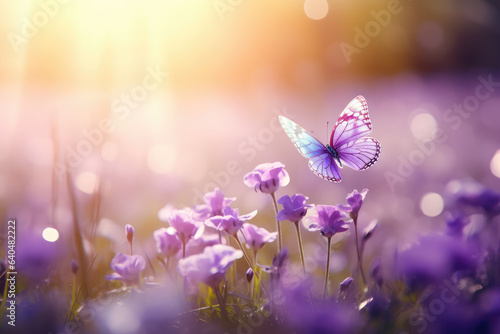 Purple butterfly with violet flowers in grass, generative AI