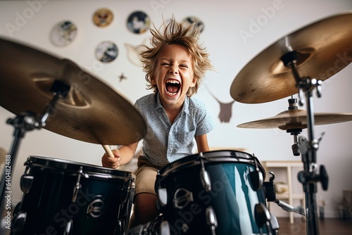 Young boy passionately playing the drums, expressing his musical talent and creativity during drum lessons. 'generative AI'