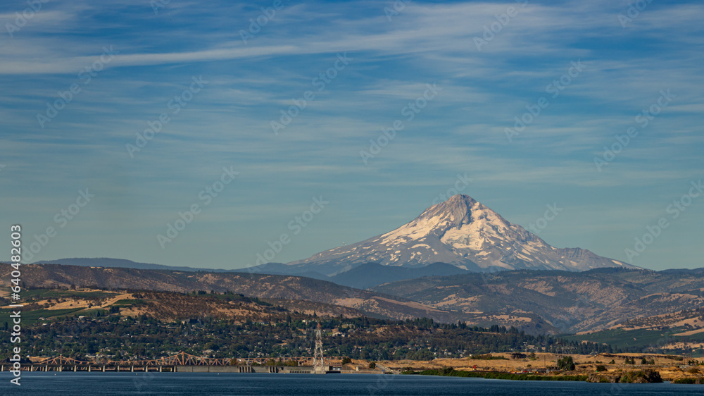 Mount Hood in Hood River County, Oregon on clear day and surrounding area 