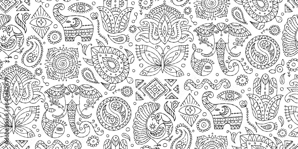 Fototapeta premium Indian vintage ornament for your design. Esoteric and animals, design elements, Seamless pattern background, colouring page