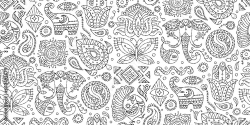 Indian vintage ornament for your design. Esoteric and animals, design elements, Seamless pattern background, colouring page