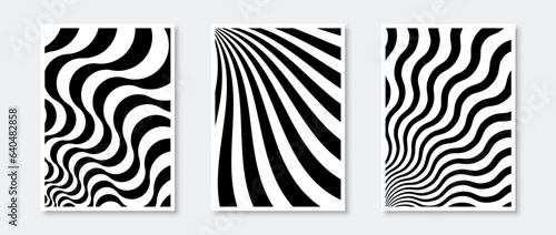 Abstract sunburst posters collection. Wavy sun beams elements set. Black and white monochrome wave templates for cover, banner, invitation, flyer. Optical art wallpaper pack. Vector