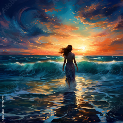 a woman enjoying the waves coming in under a beautiful evening sky