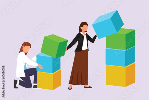 Concept of co working, business partnership, analytics or teamwork. Colleagues work together with geometrical shapes. Colored flat vector illustration isolated. 