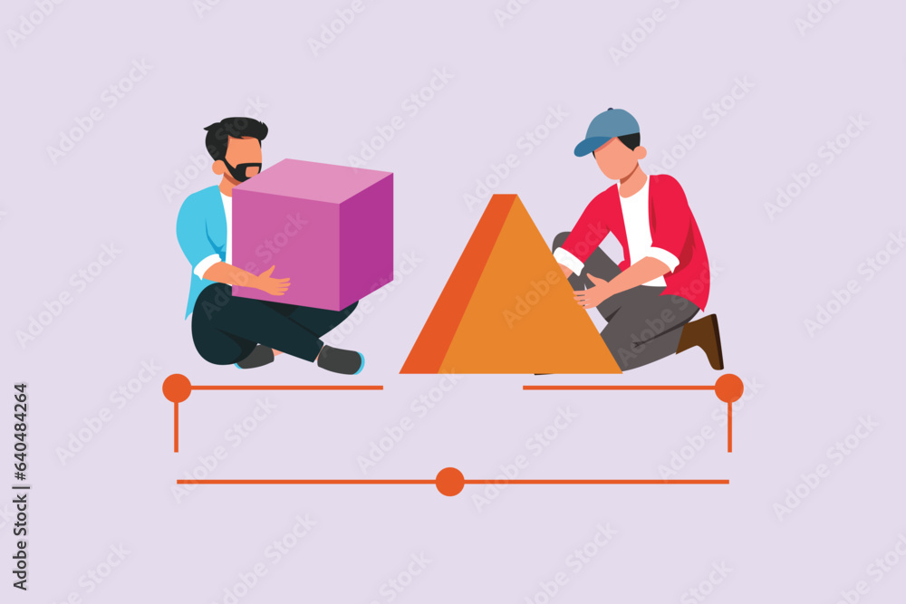 Concept of co working, business partnership, analytics or teamwork. Colleagues work together with geometrical shapes. Colored flat vector illustration isolated. Concept of co working, business partnership, analytics or teamwork. Colleagues work together with geometrical shapes. Colored flat vector illustration isolated.