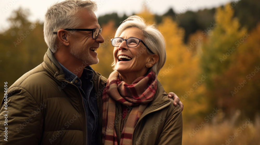 an American senior couple in their early 60s having a great time in there retirement years during the autumn season, pine trees in the background. an American senior couple in their early 60s having a great time in there retirement years during the autumn season, pine trees in the background.