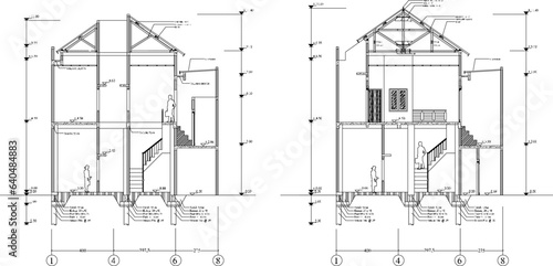 Vector illustration sketch of architectural design view and section of modern minimalist house