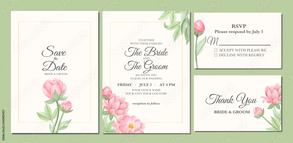 Manual painted of pink peony flower watercolor as wedding invitation 
