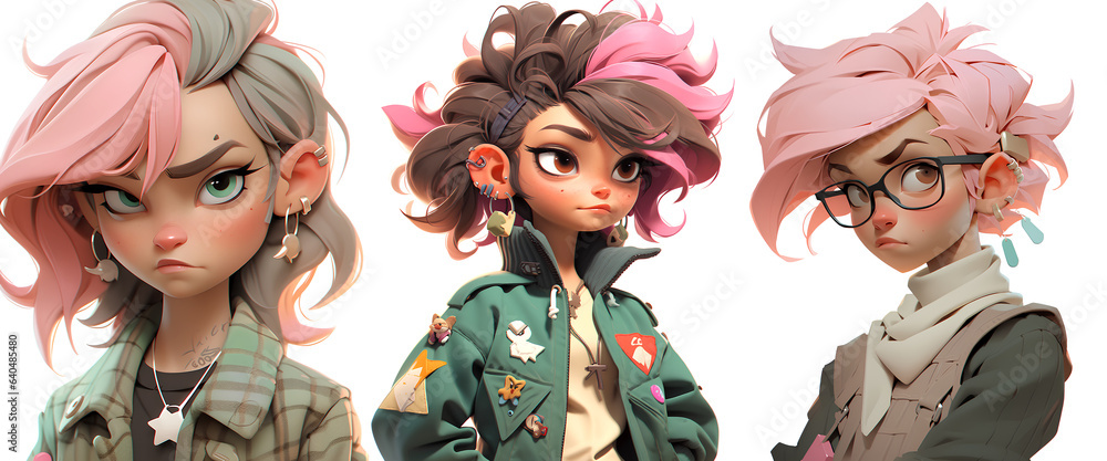 3d cartoon trendy punk young woman with messy pink bob hair style, and casual wear. Collection. 3d cartoon trendy punk young woman with messy pink bob hair style, and casual wear. Collection.