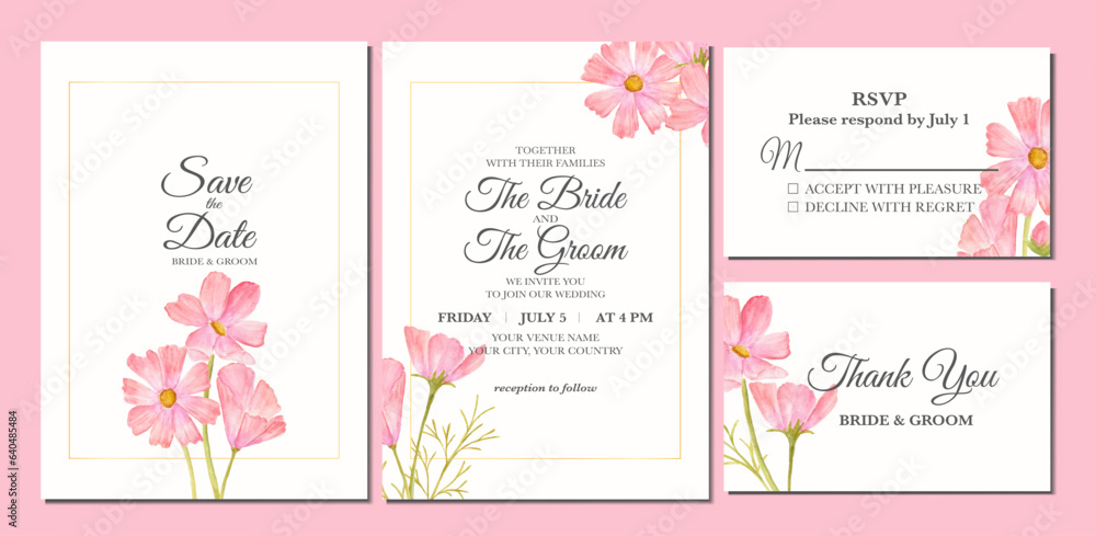 Manual painted of pink cosmos flower watercolor as wedding invitation 
