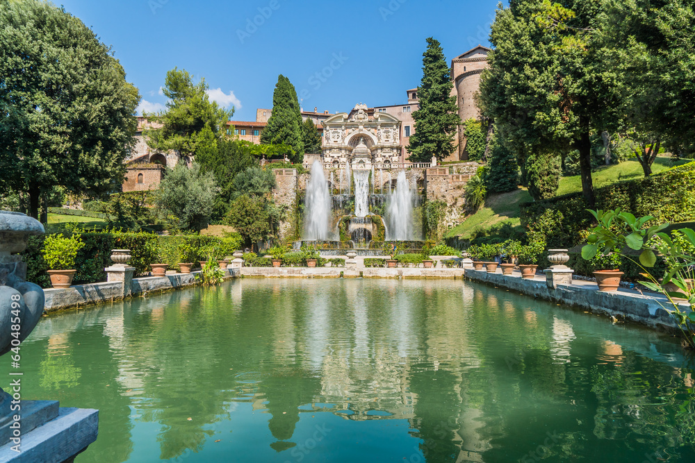 Tivoli is a picturesque town located in the Lazio region of central Italy. It boasts stunning landscapes, ancient ruins, and opulent villas that reflect its rich history and cultural heritage.  - obrazy, fototapety, plakaty 